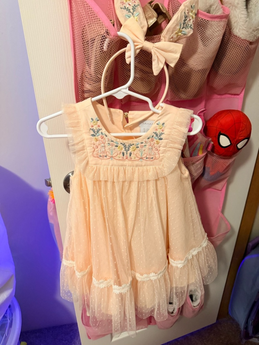 Tahari Peach Embroidered Tulle Party Dress with Bow Headband